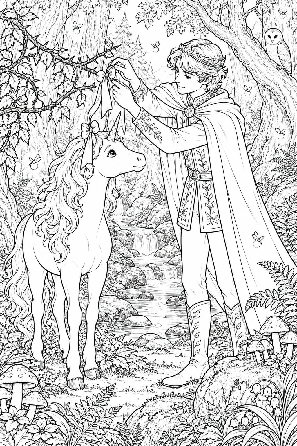 Príncipe da floresta salvando unicórnio para colorir