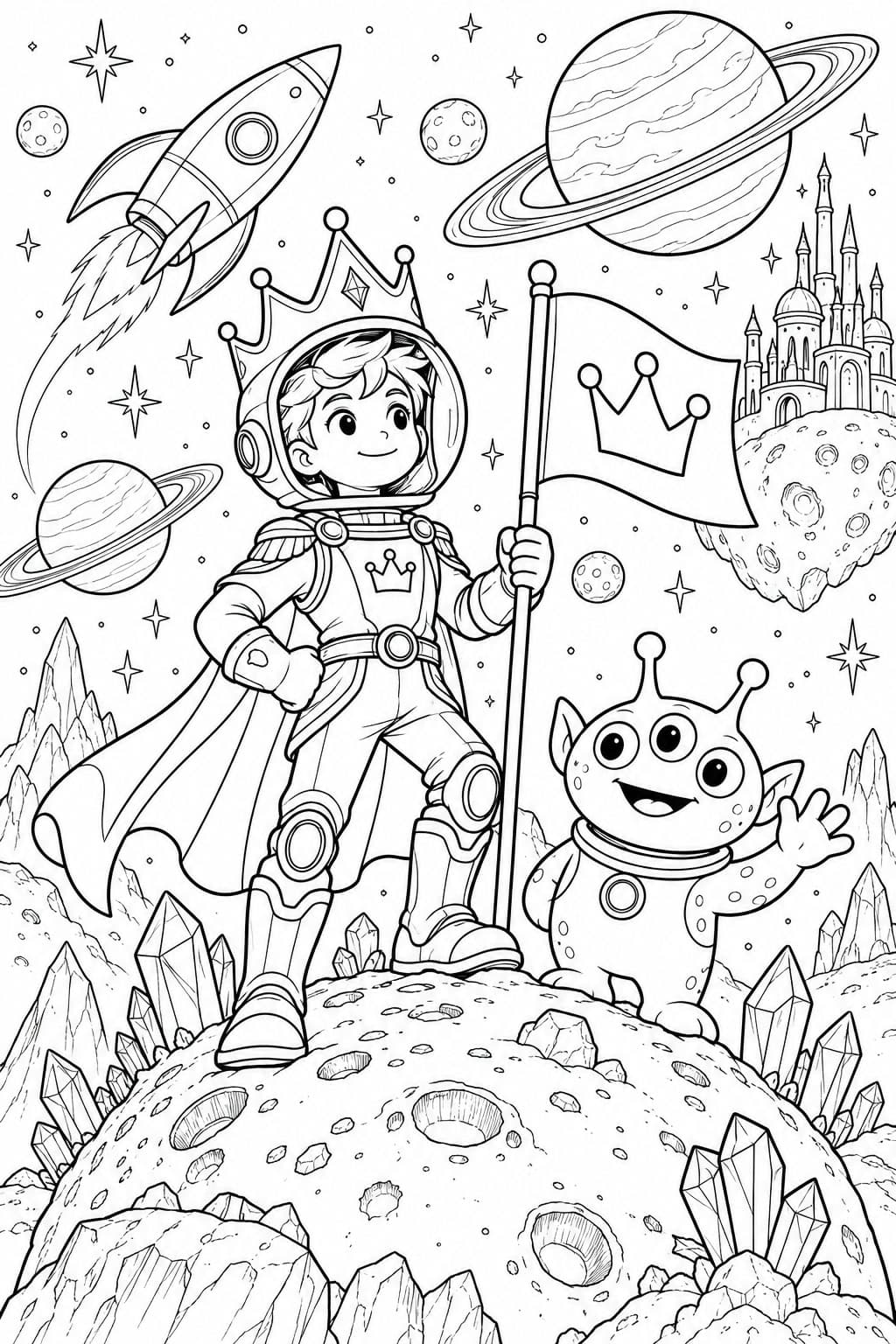Príncipe espacial no planeta para colorir