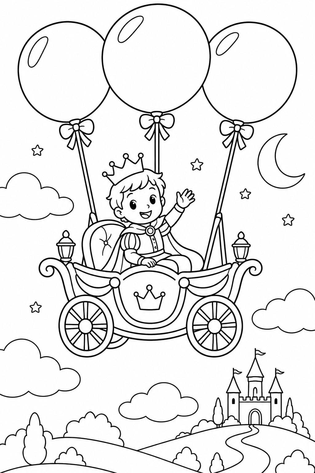 Príncipe na carruagem-balão para colorir