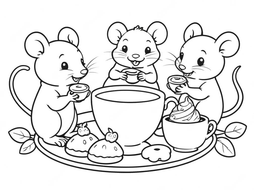 Amigos ratos tomando chá para colorir