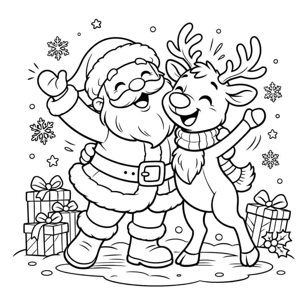 Rena dando high-five no Papai Noel para colorir