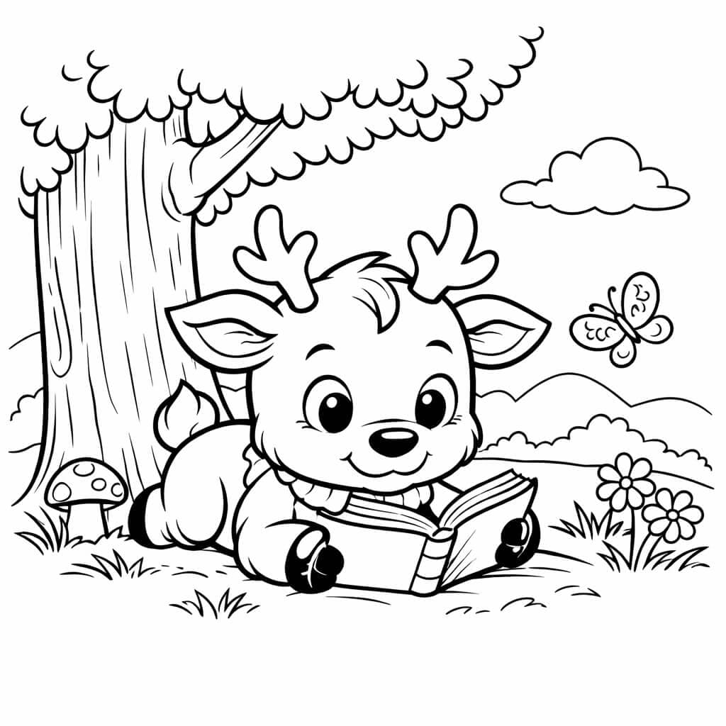 Rena lendo livro para colorir