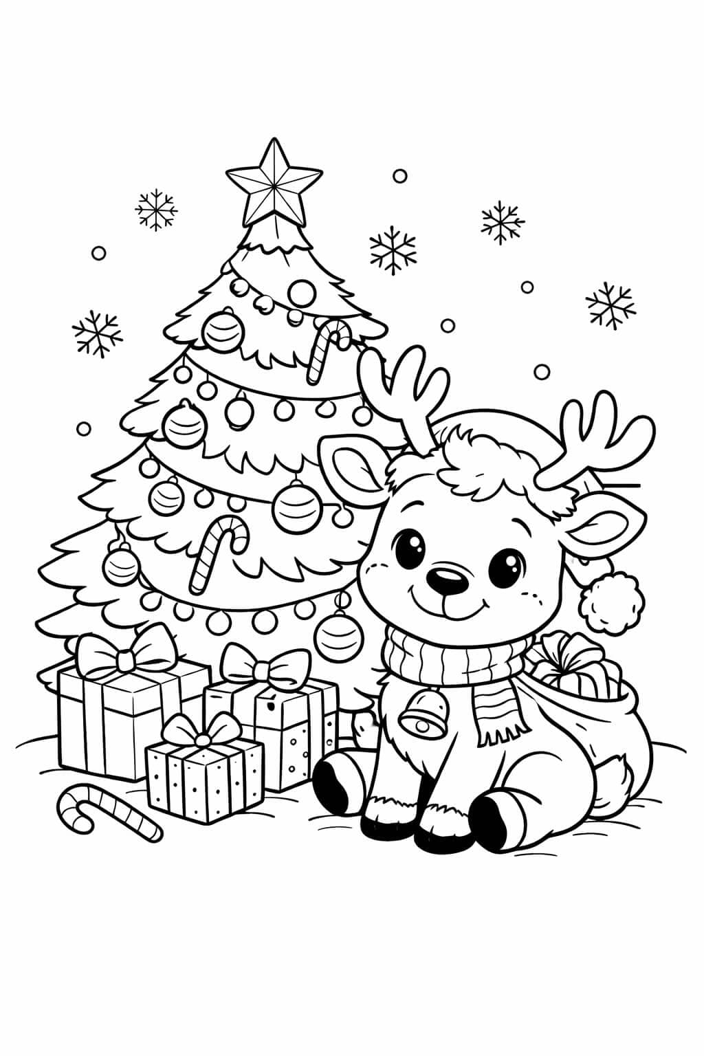 Rena perto da árvore de Natal para colorir