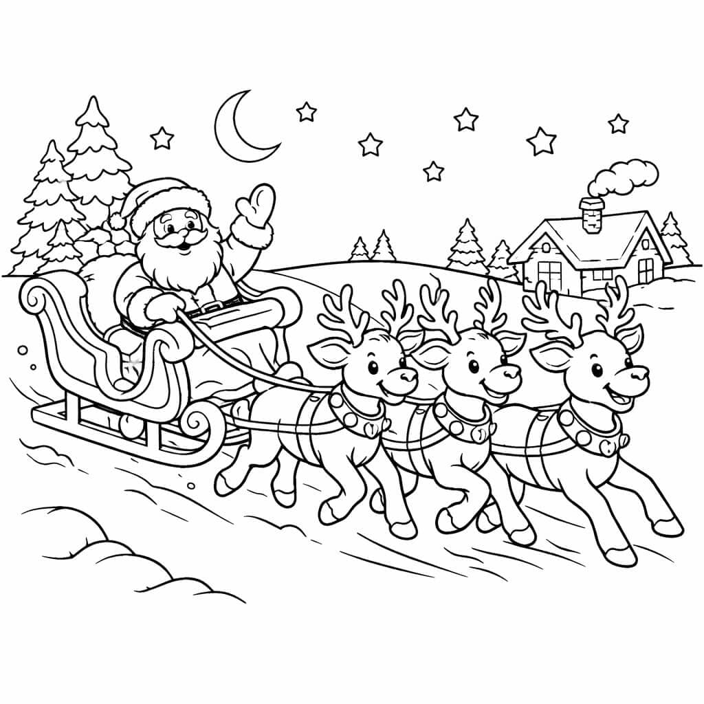 Rena puxando trenó com Papai Noel para colorir