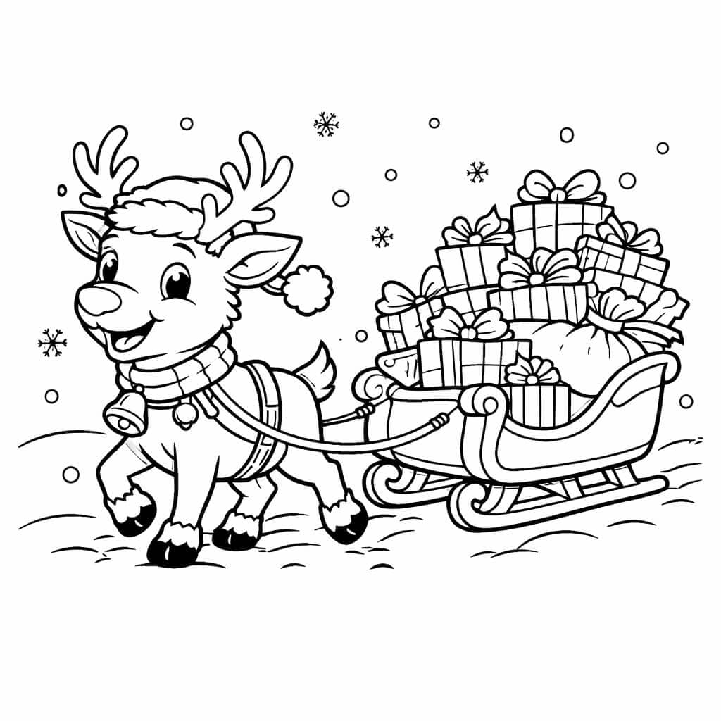Rena com trenó carregado de presentes para colorir