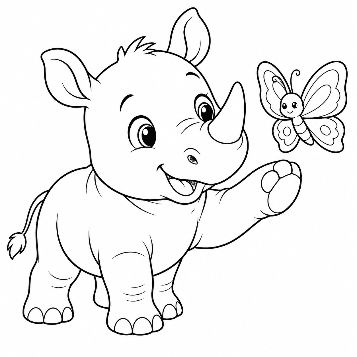 Rinoceronte fofo com borboleta para colorir