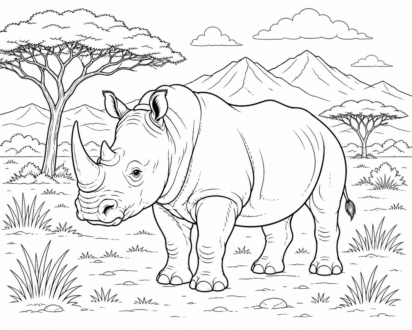 Rinoceronte na paisagem para colorir