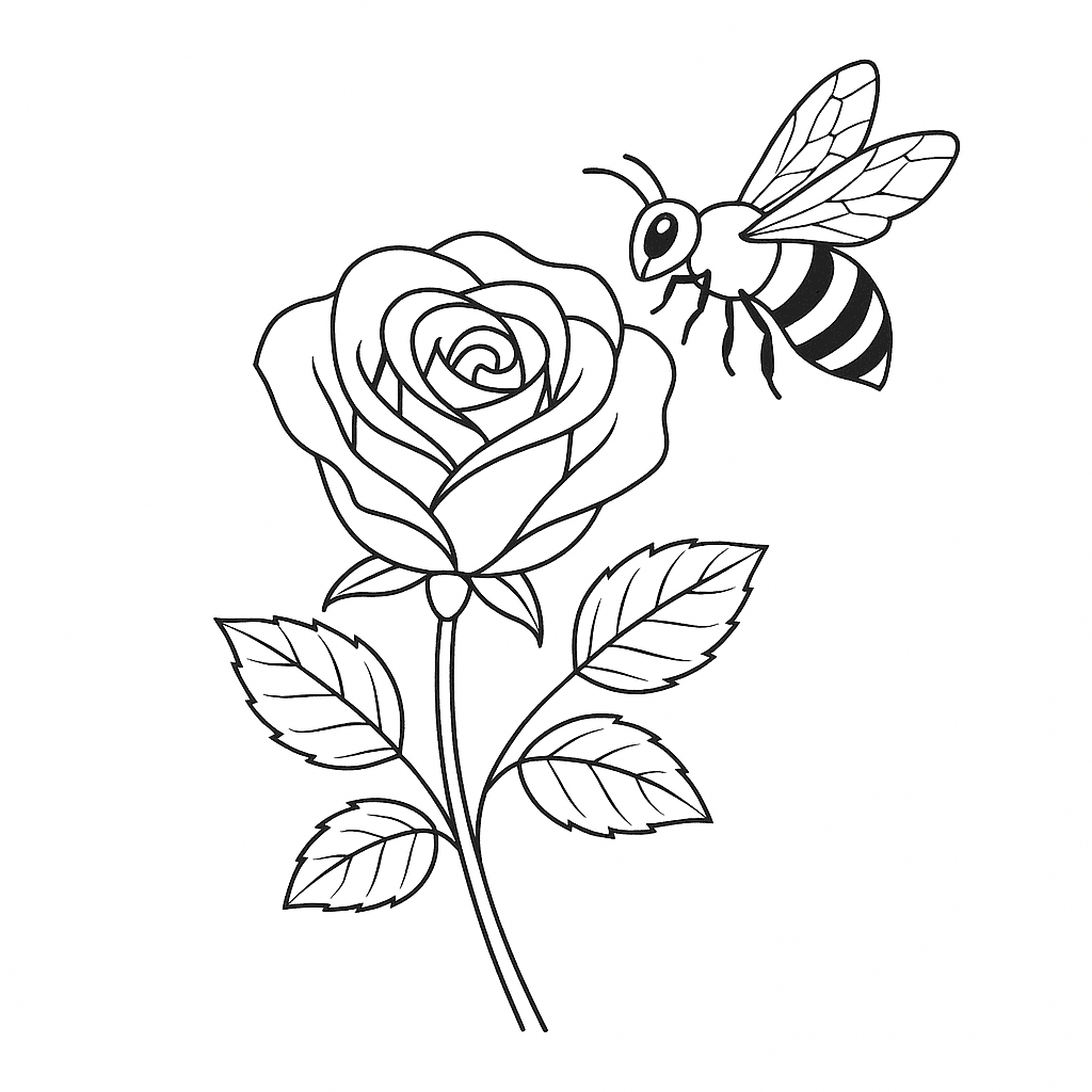 Rosa sendo polinizada por abelha para colorir