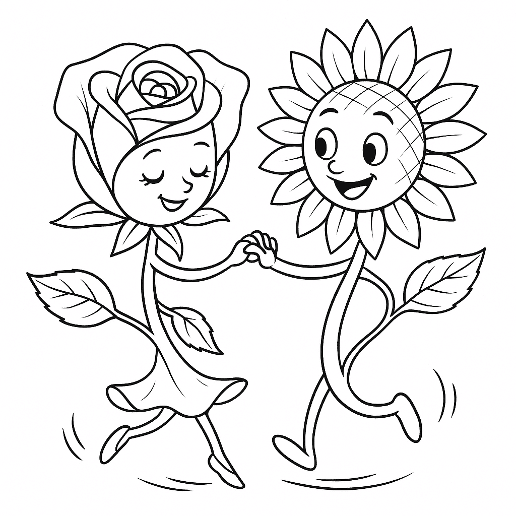 Rosa e girassol dançando para colorir