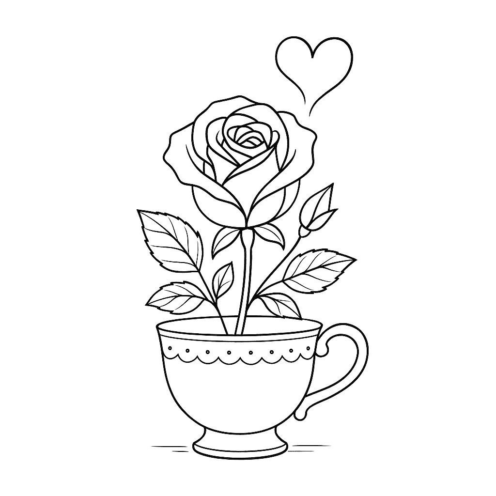 Rosa na xícara para colorir