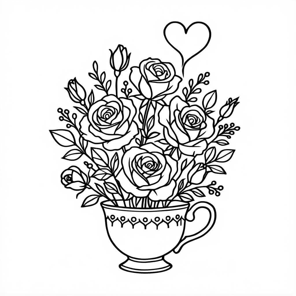 Rosa em xícara para colorir