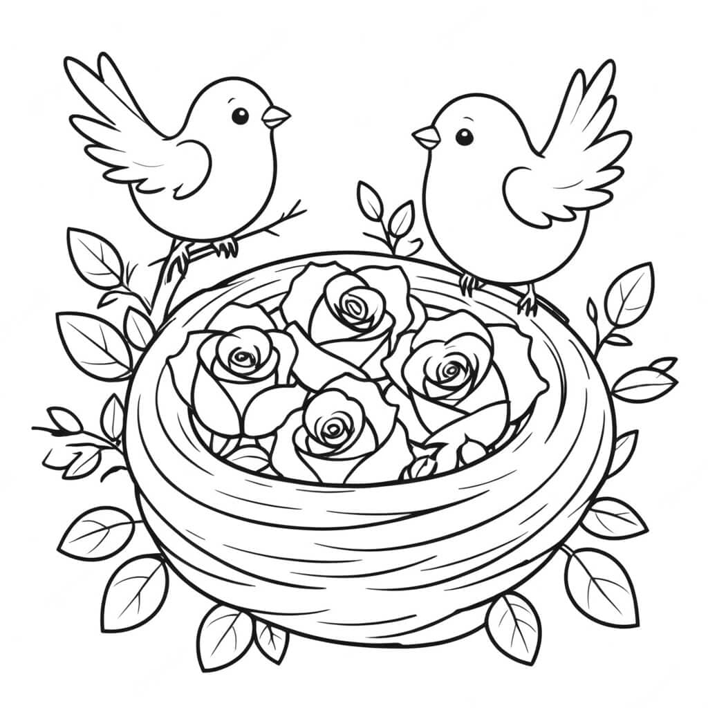 Rosas no ninho de passarinhos para colorir