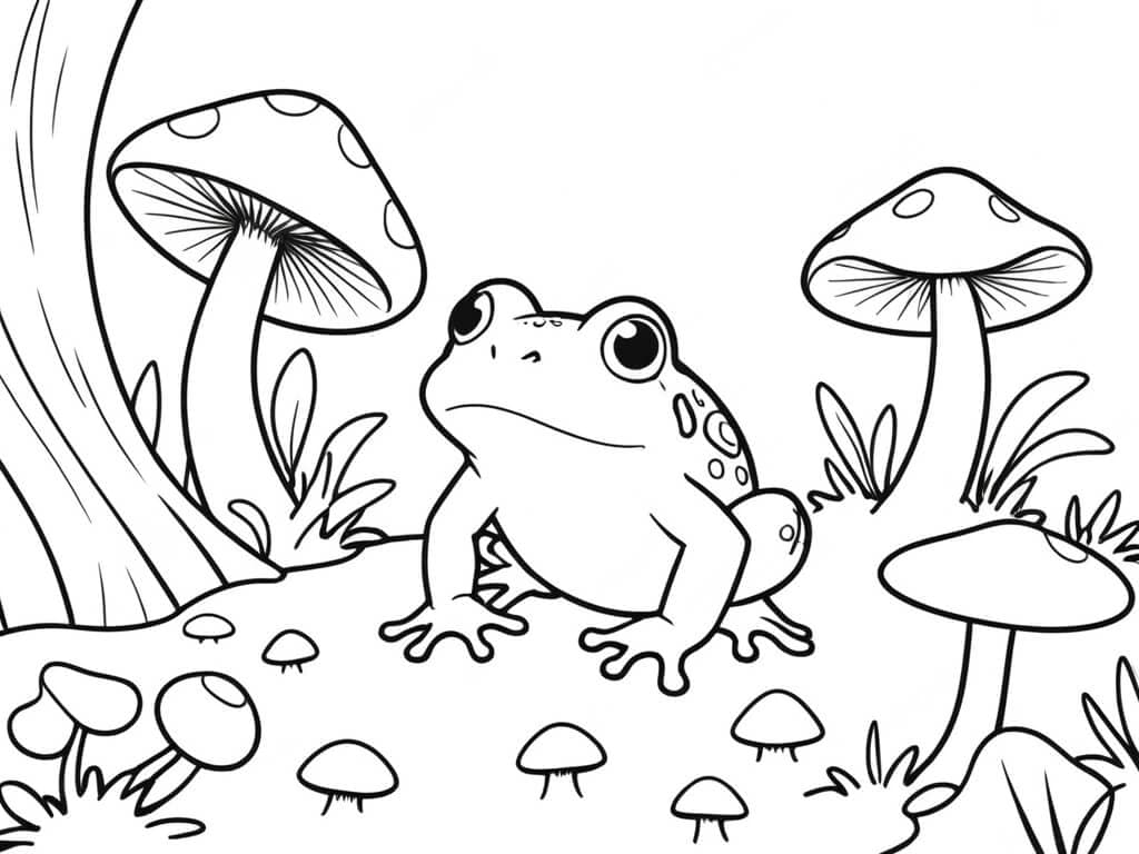 Sapo na floresta de cogumelos para colorir