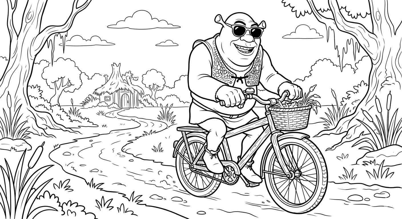 Shrek andando de bicicleta para colorir