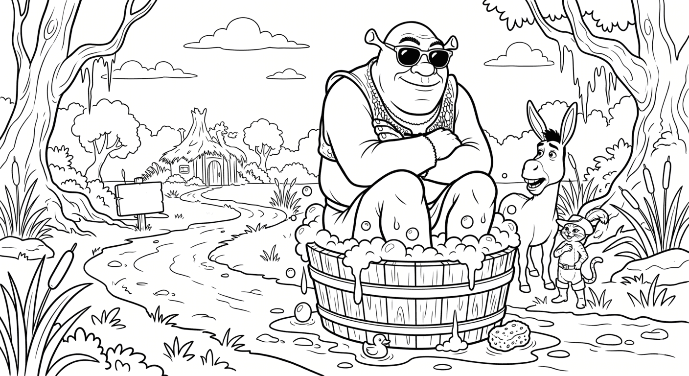 Shrek banho no pântano para colorir