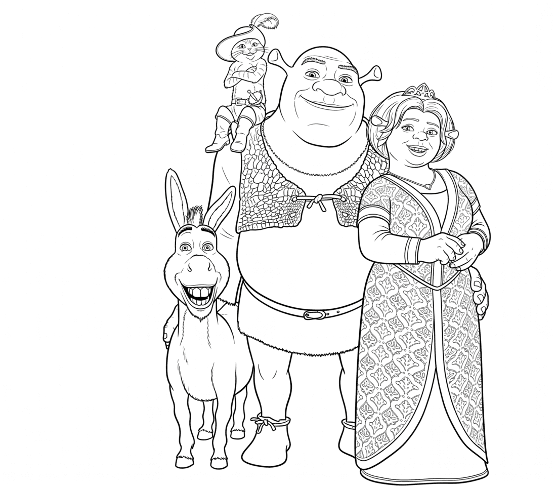 Shrek, Burro, Gato e Fiona para colorir