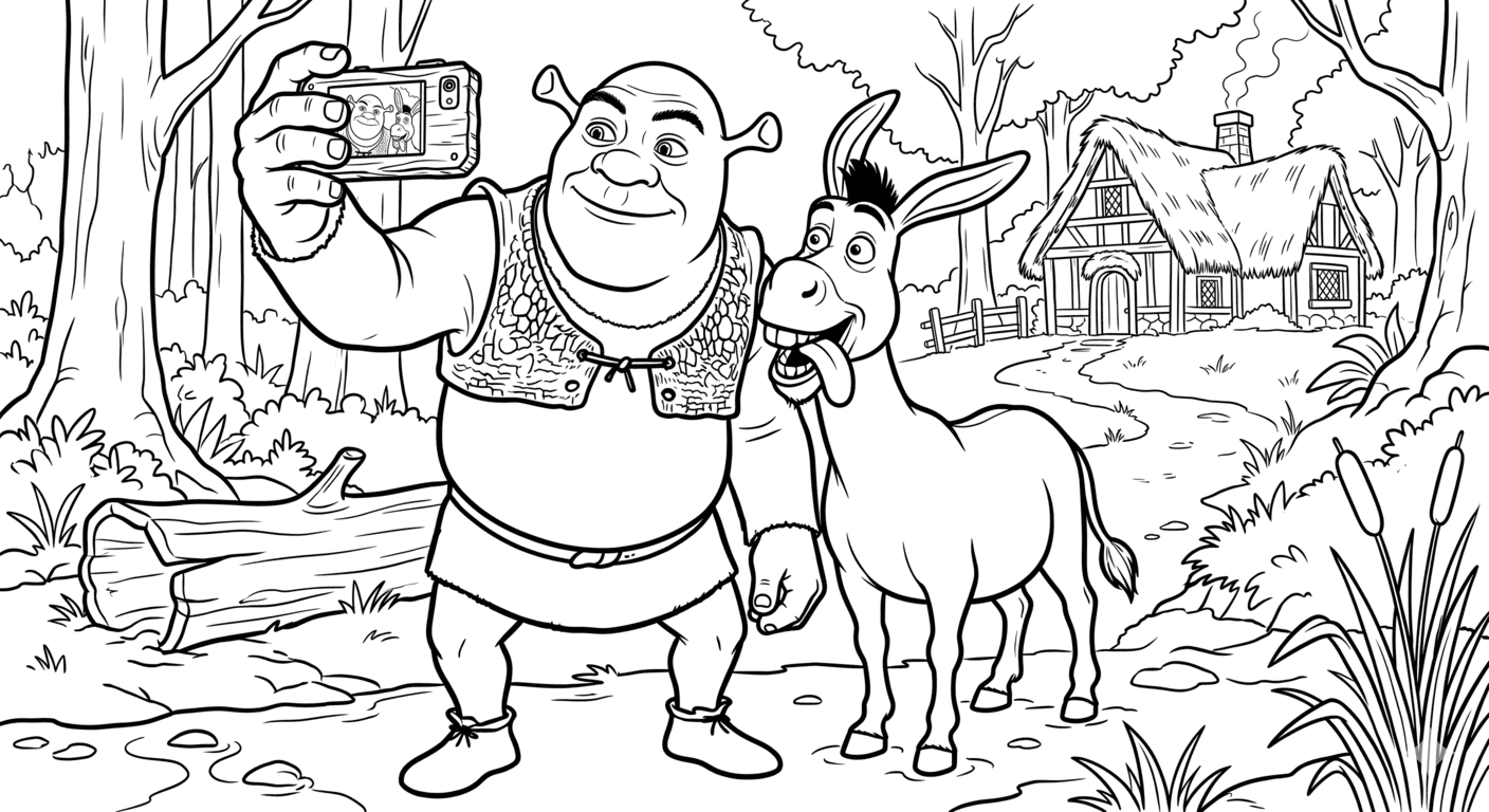 Shrek selfie com Burro para colorir