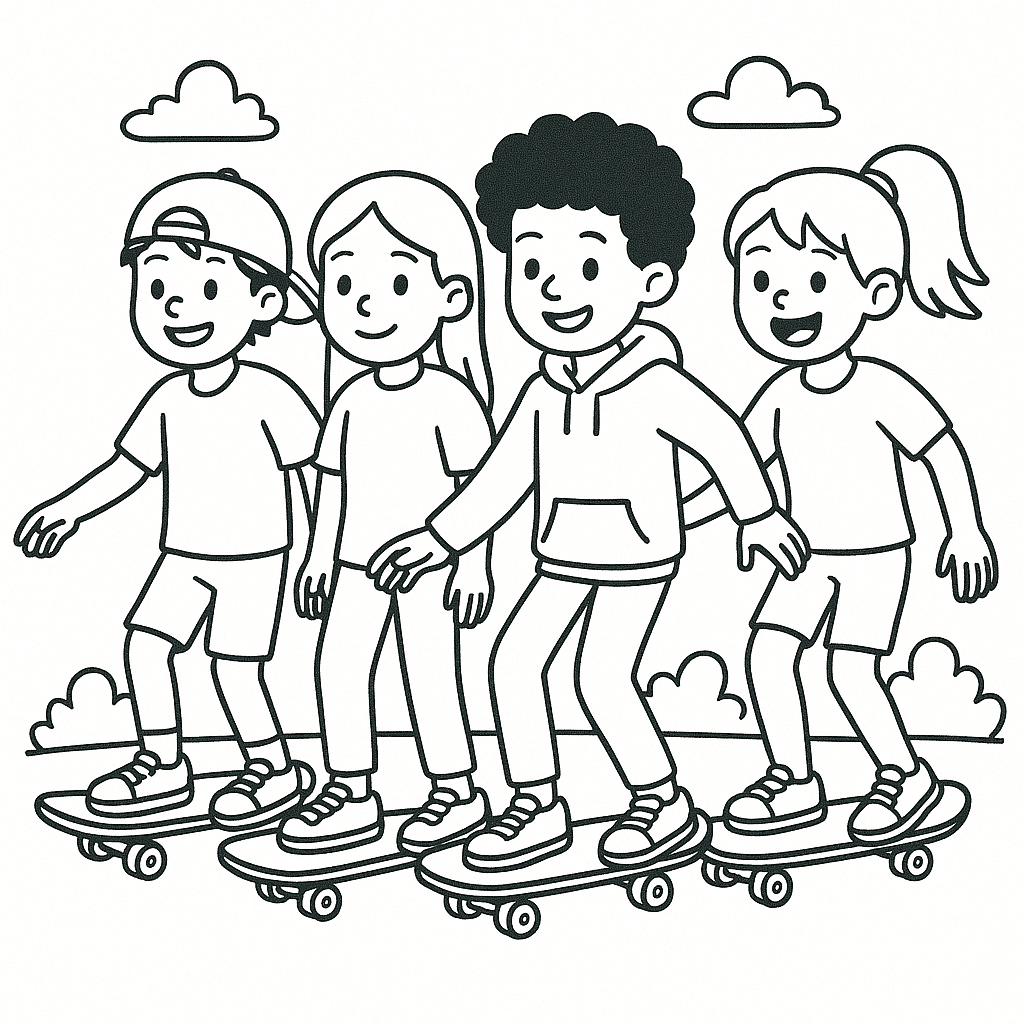 Grupo de amigos andando de skate para colorir