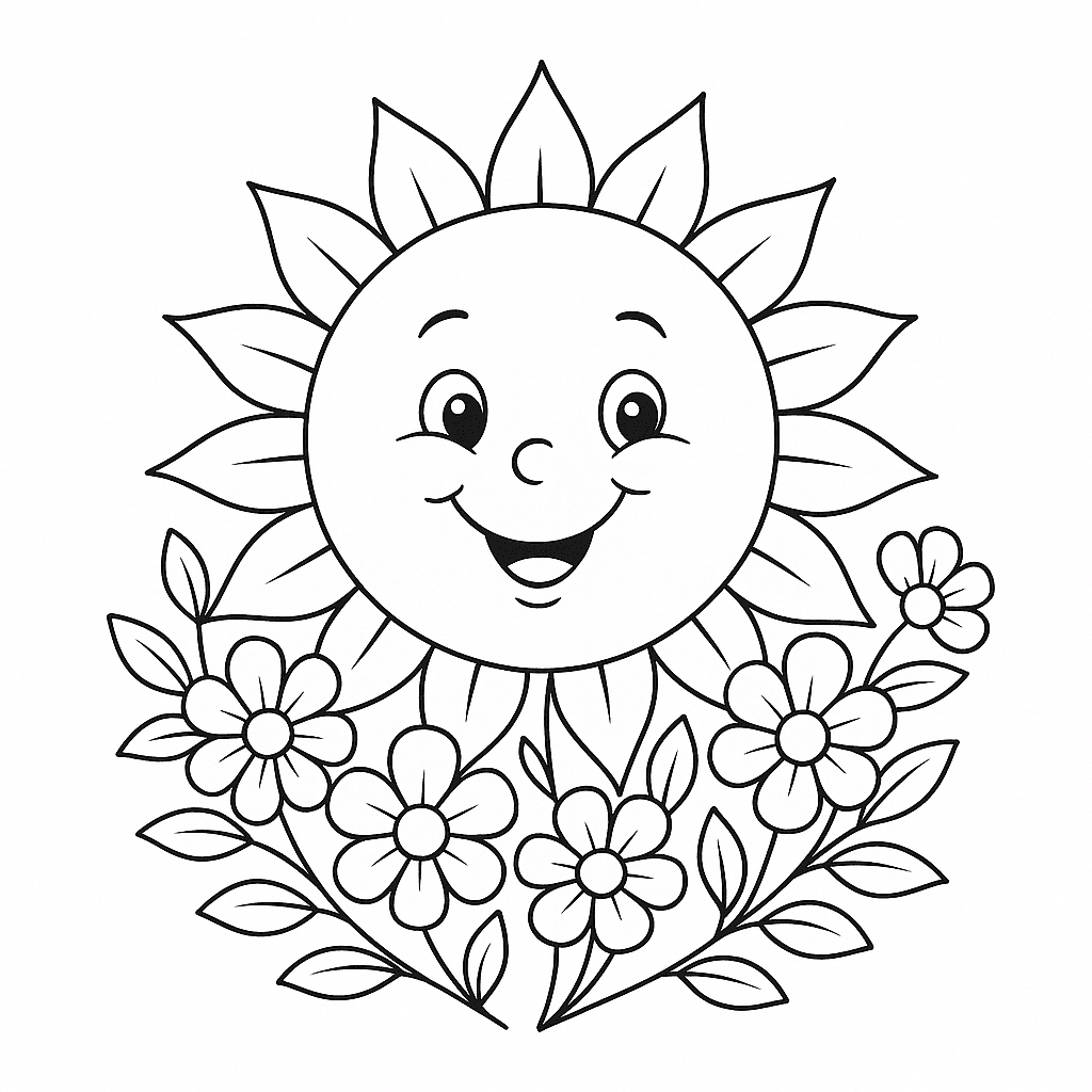Sol com flores para colorir