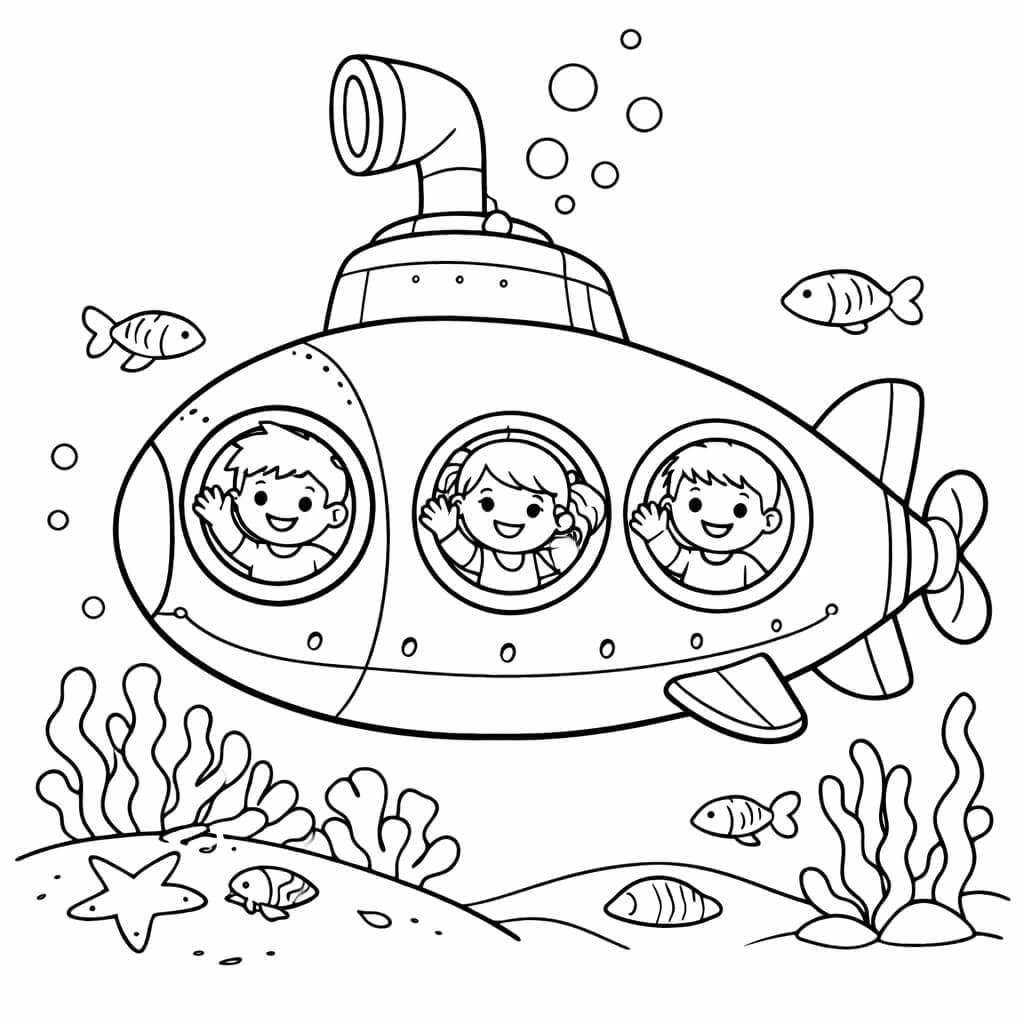 Submarino com crianças para colorir