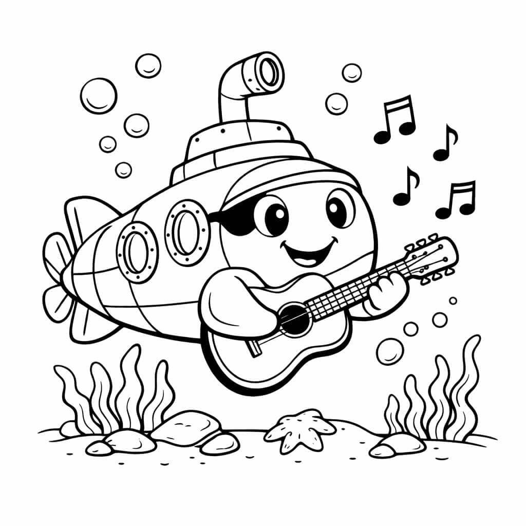 Submarino guitarrista para colorir