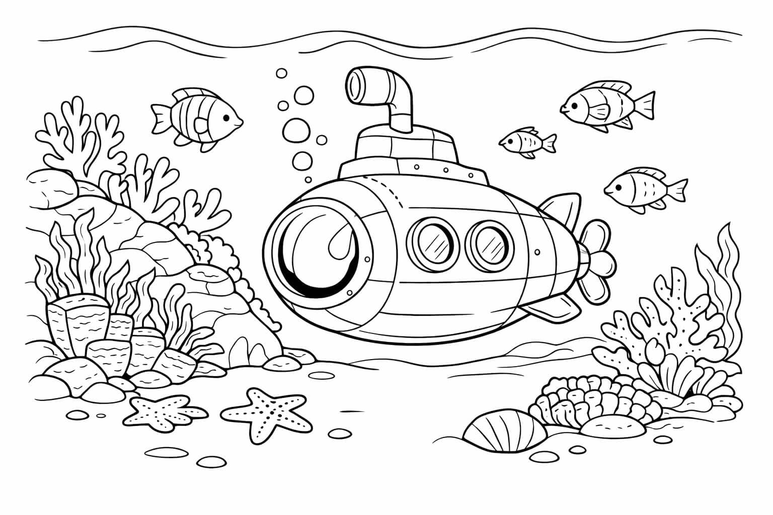 Submarino no recife para colorir