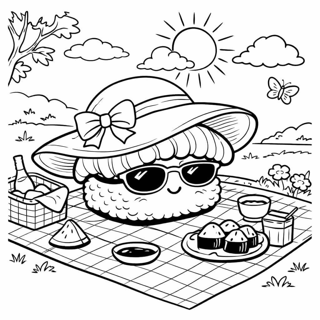Sushi com chapéu em piquenique para colorir