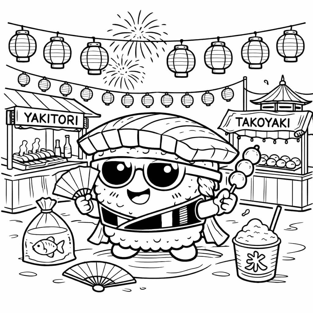Sushi no festival de verão para colorir