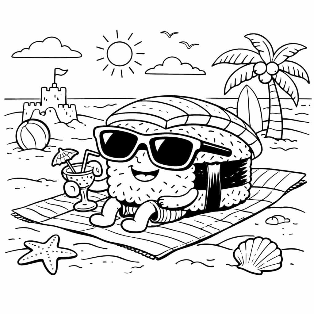 Sushi de óculos na praia para colorir