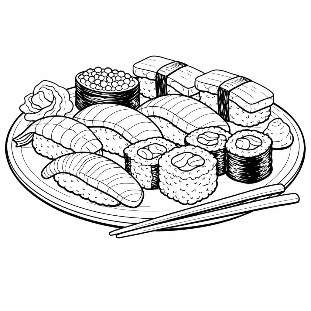 Sushi realista no prato para colorir