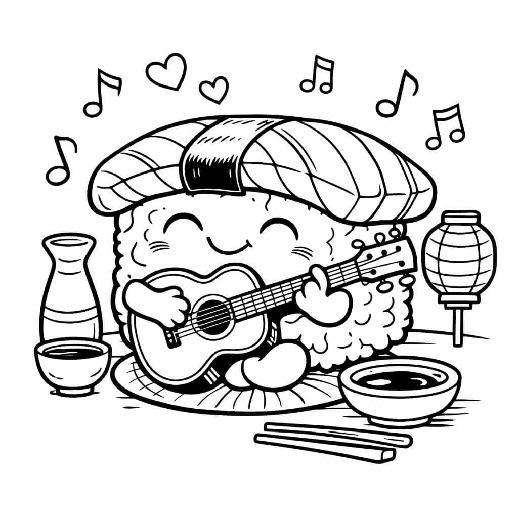 Sushi tocando guitarra para colorir