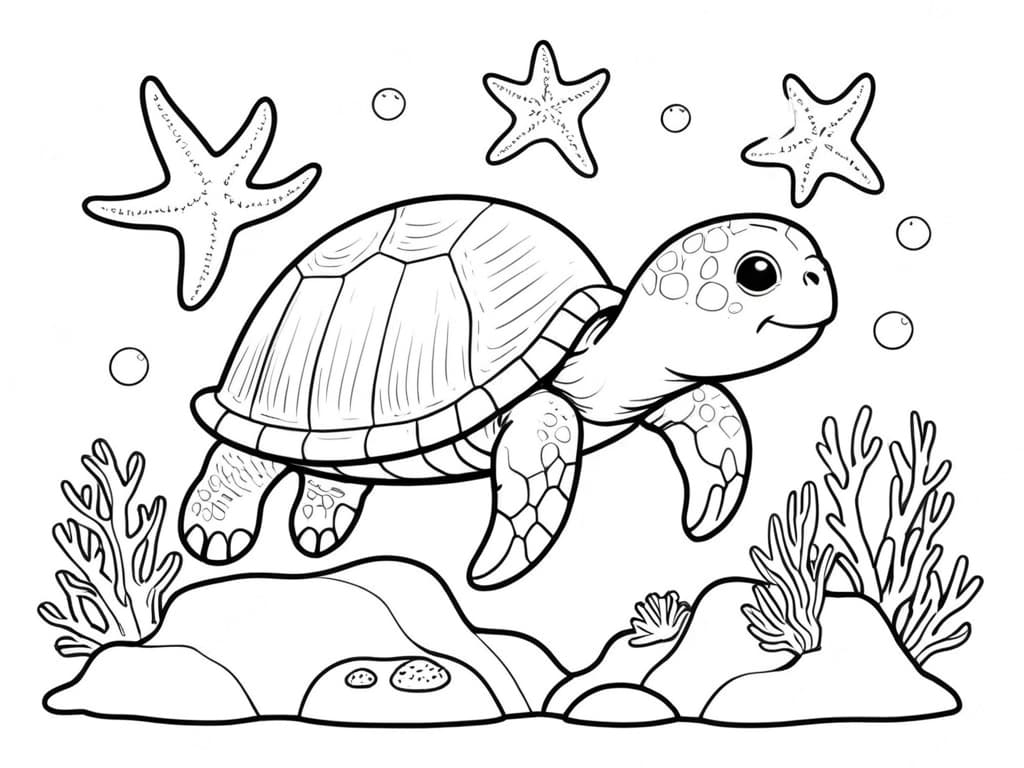 Tartaruga e estrelas do mar para colorir
