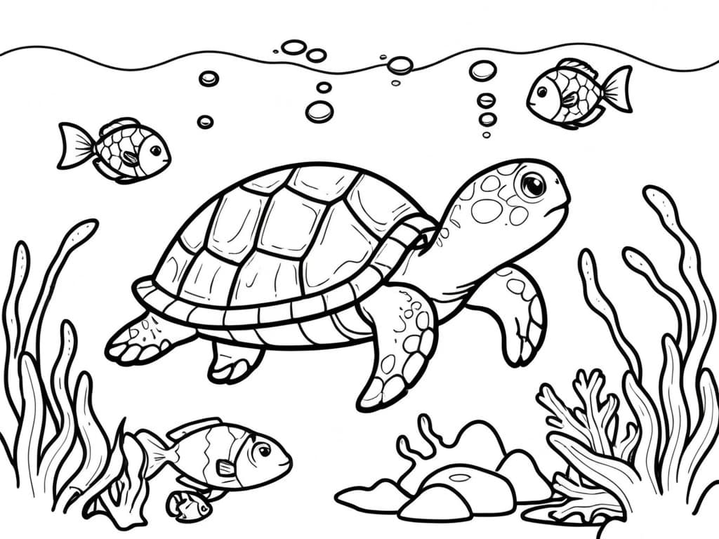 Tartaruga e peixes no oceano para colorir