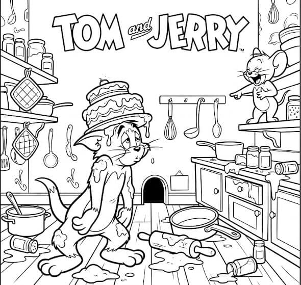 Cena engraçada de Tom e Jerry para colorir