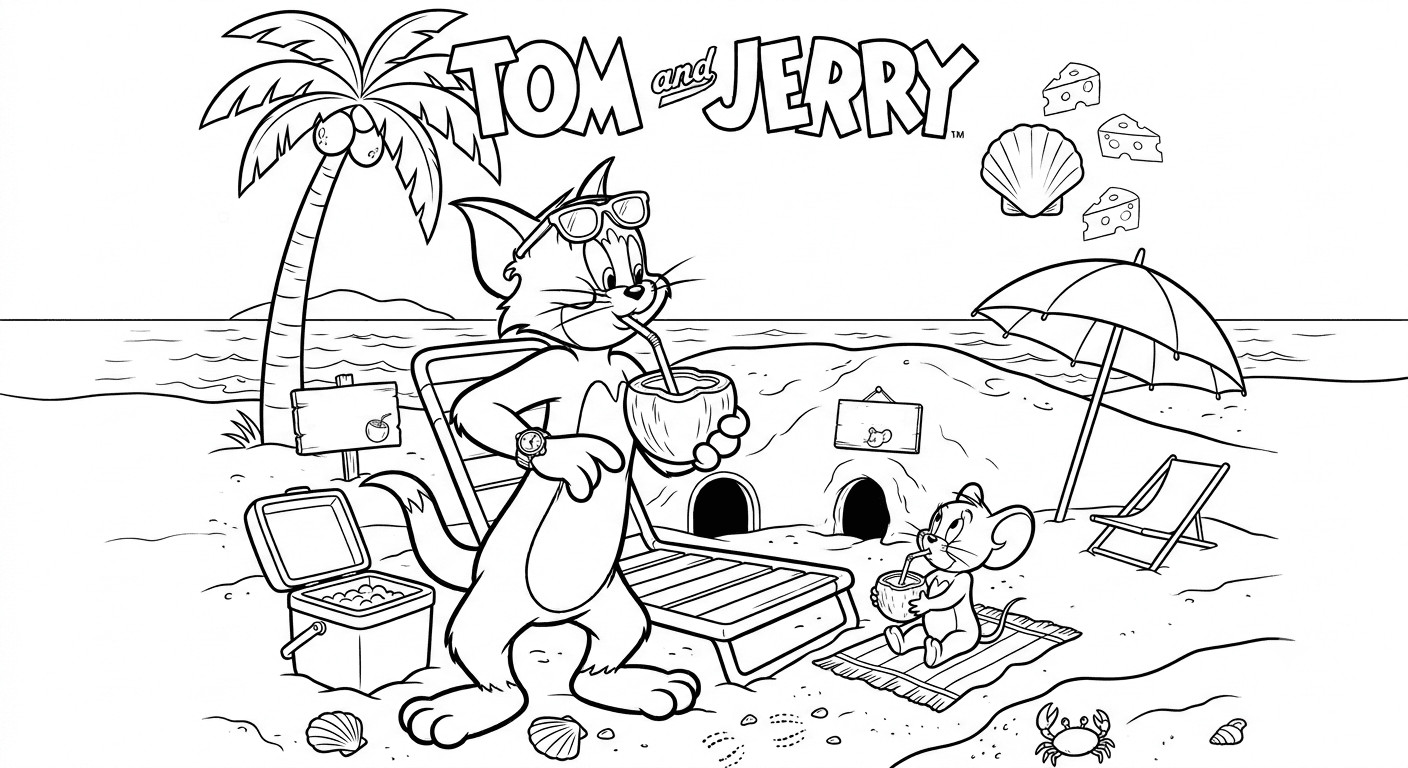Tom e Jerry de férias para colorir