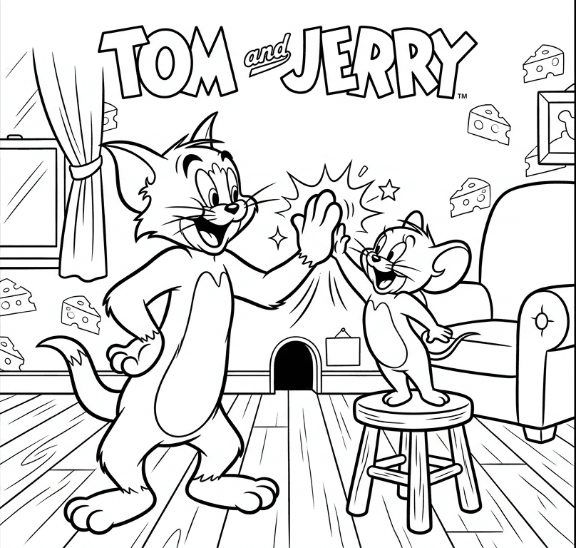 Tom e Jerry fazendo high five para colorir