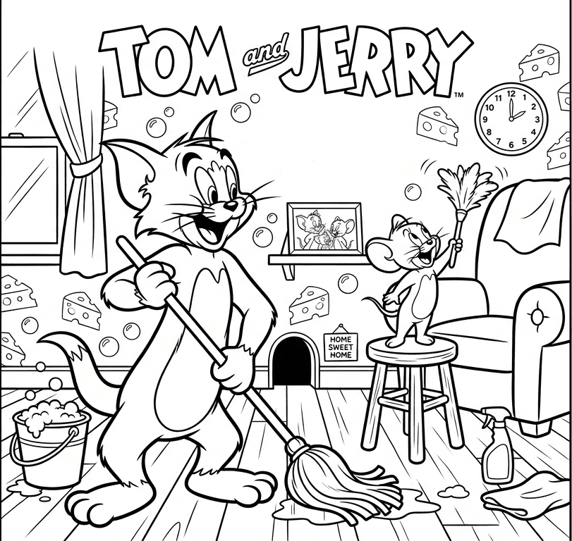 Tom e Jerry limpando a casa para colorir