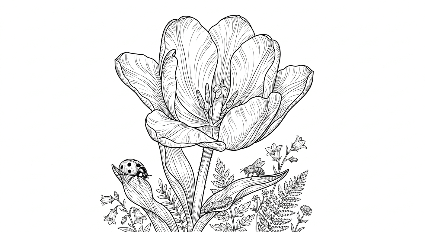 Tulipa com joaninha para colorir