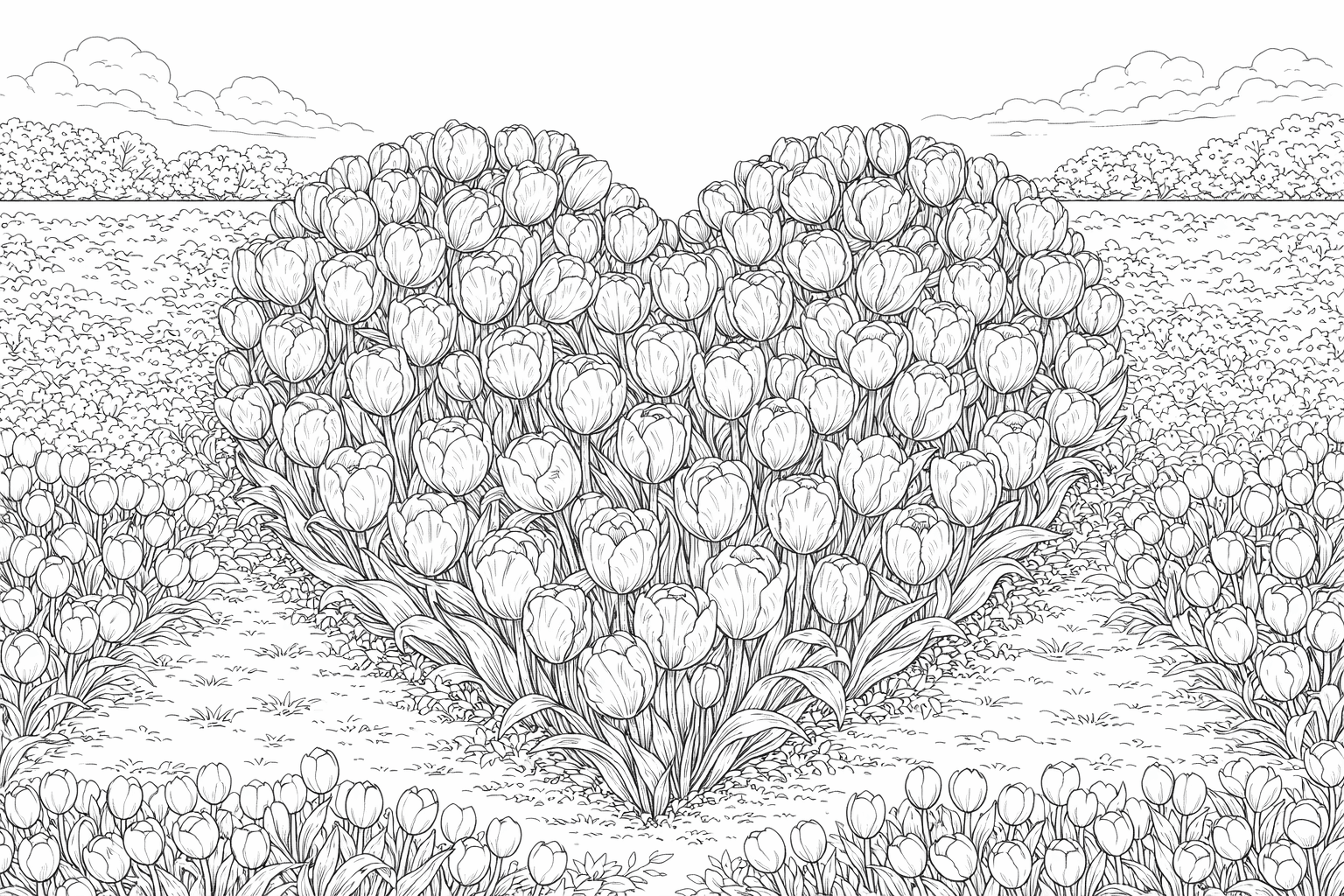 Tulipas em forma de coração para colorir