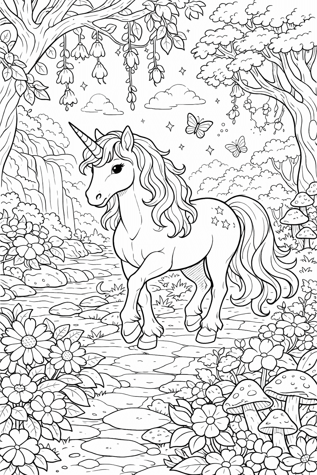 Unicórnio na floresta encantada para colorir