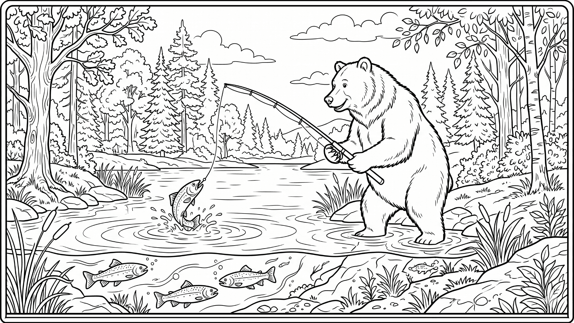 Urso pescando para colorir