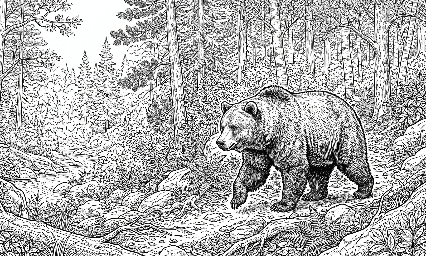 Urso realista na floresta para colorir