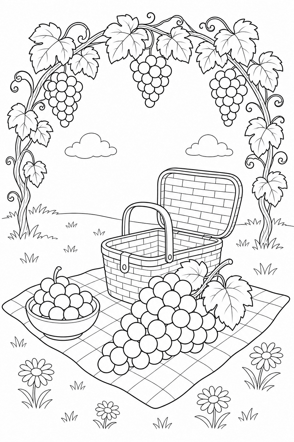 Piquenique com uvas para colorir