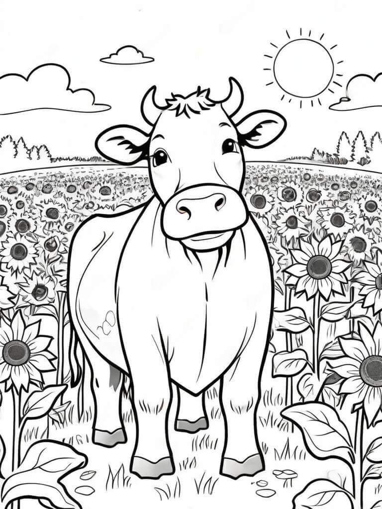 Vaca e girassóis para colorir