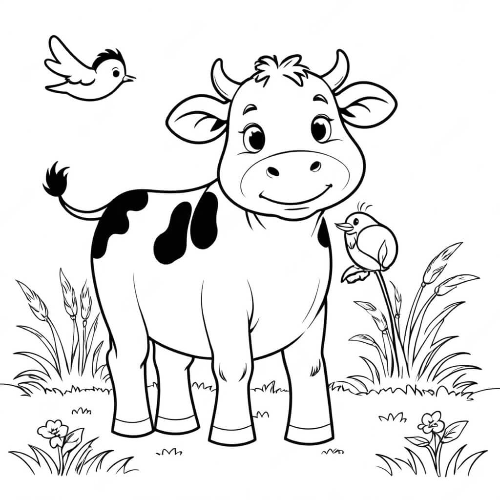 Vaca e passarinhos para colorir