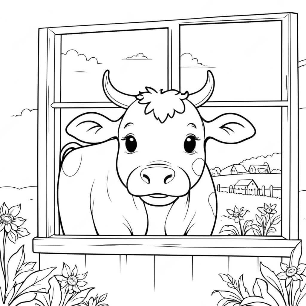 Vaca na janela para colorir