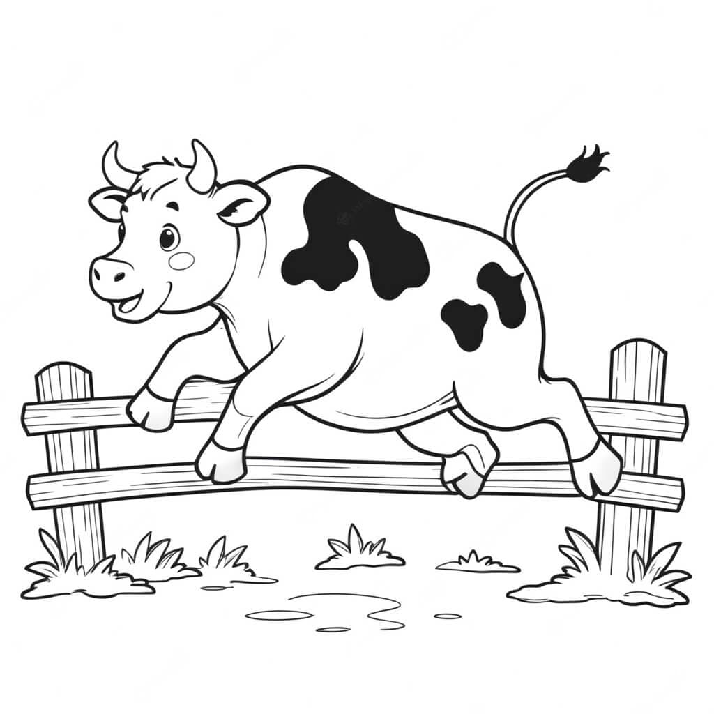 Vaca pulando a cerca para colorir