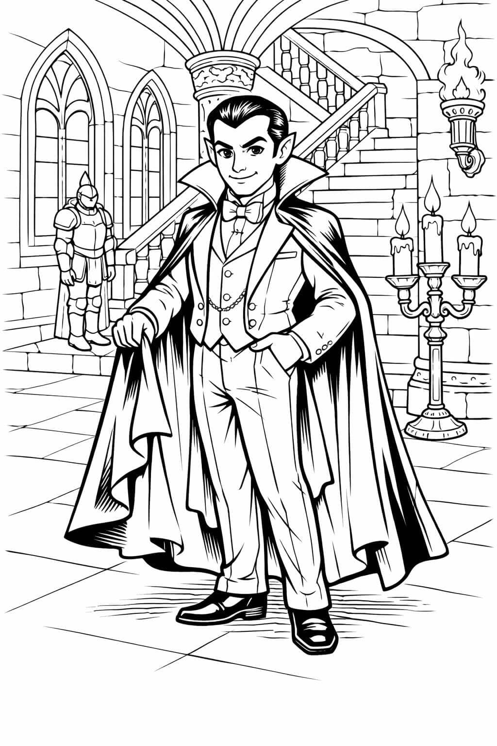Vampiro elegante conde no castelo para colorir