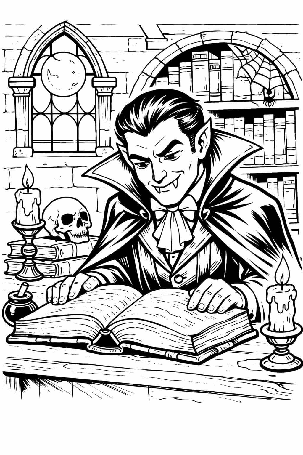 Vampiro lendo livro antigo para colorir