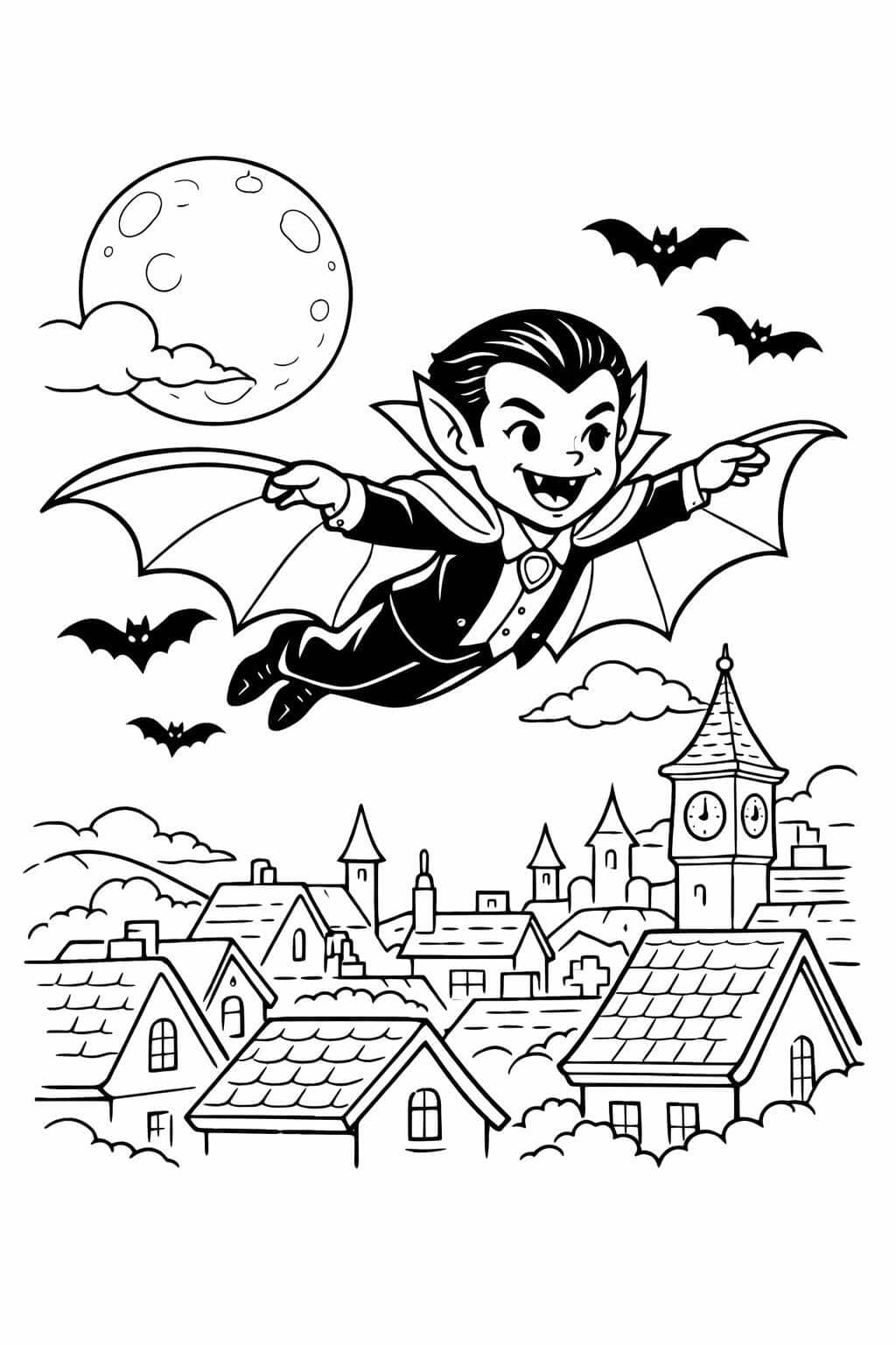 Vampiro voando sobre a cidade para colorir
